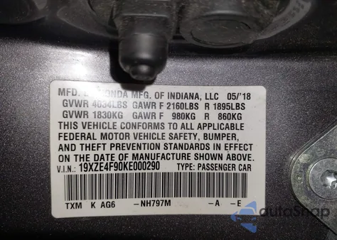 2019 Honda Insight Touring из США, поврежденный, VIN 19XZE4F90KE000290